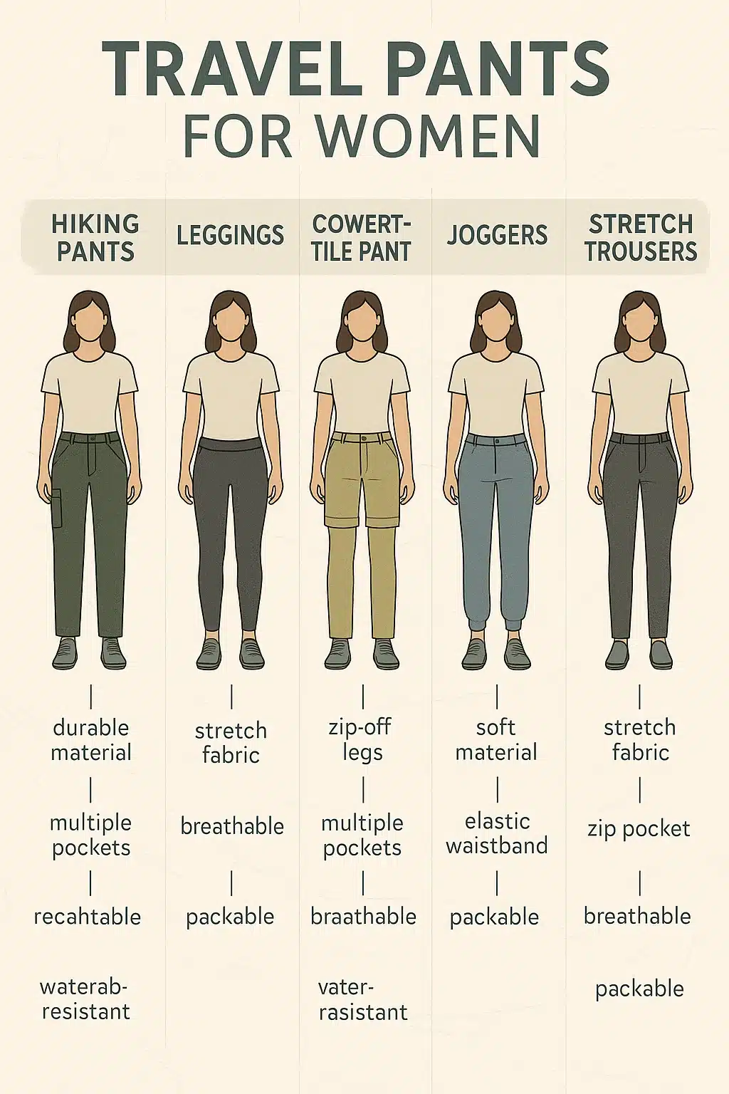 comparison of best travel pants for women showing styles and features for travel