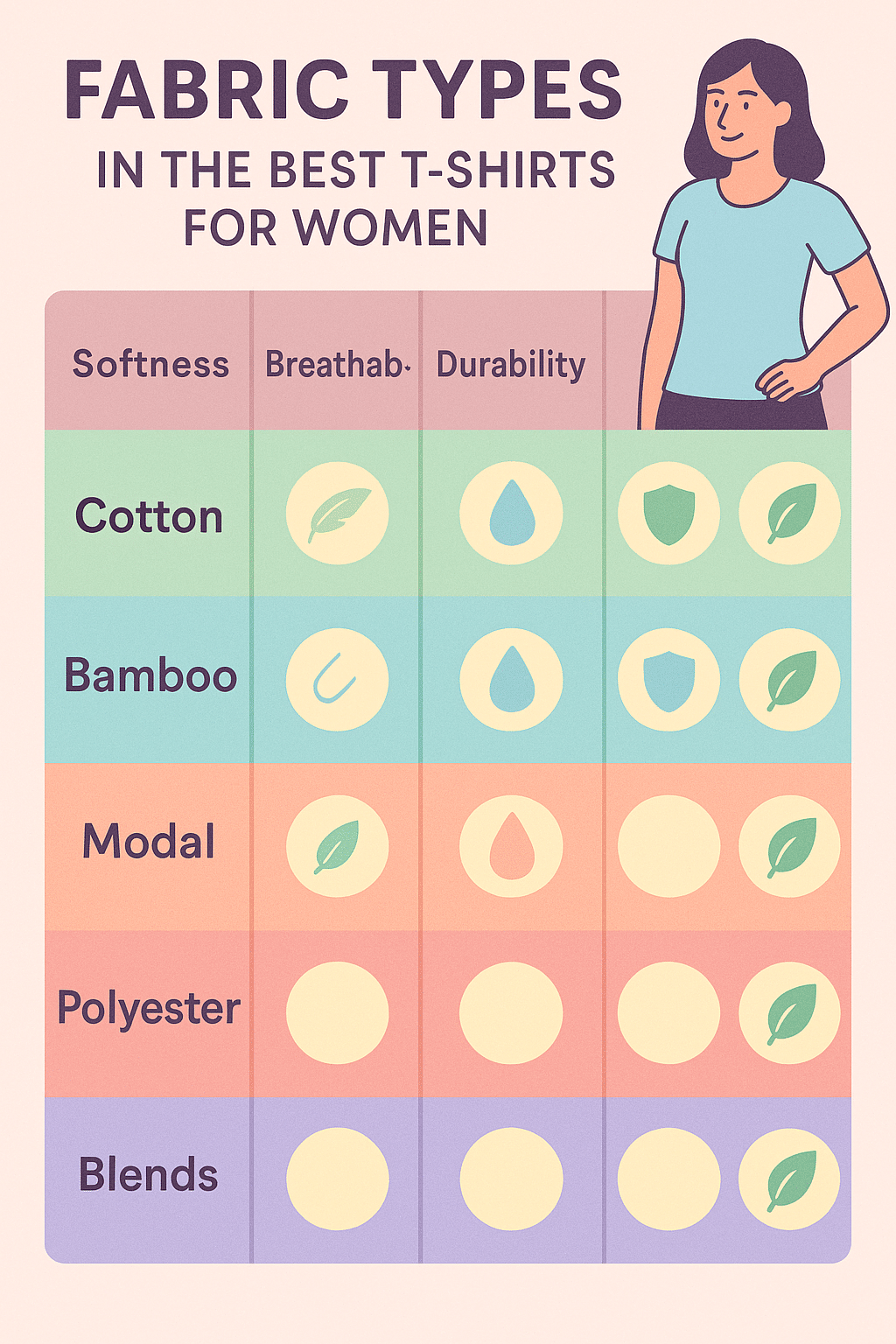 comparison of fabric types for best t shirts for women showing softness breathability durability and