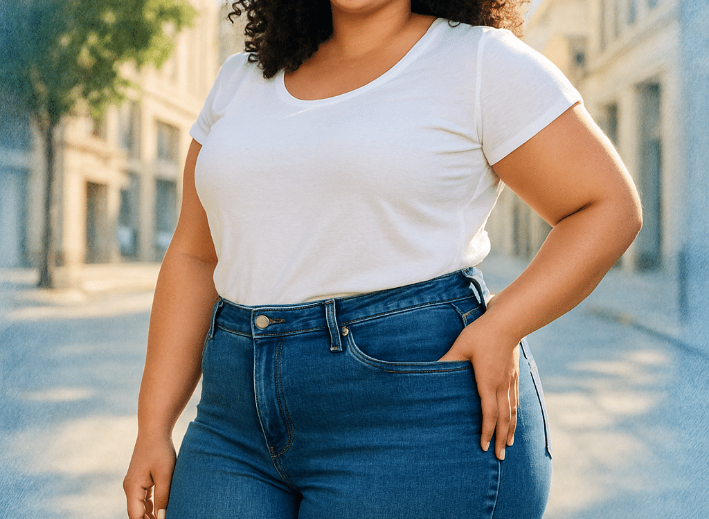 confident curvy woman wearing best jeans for curvy women in stylish urban setting
