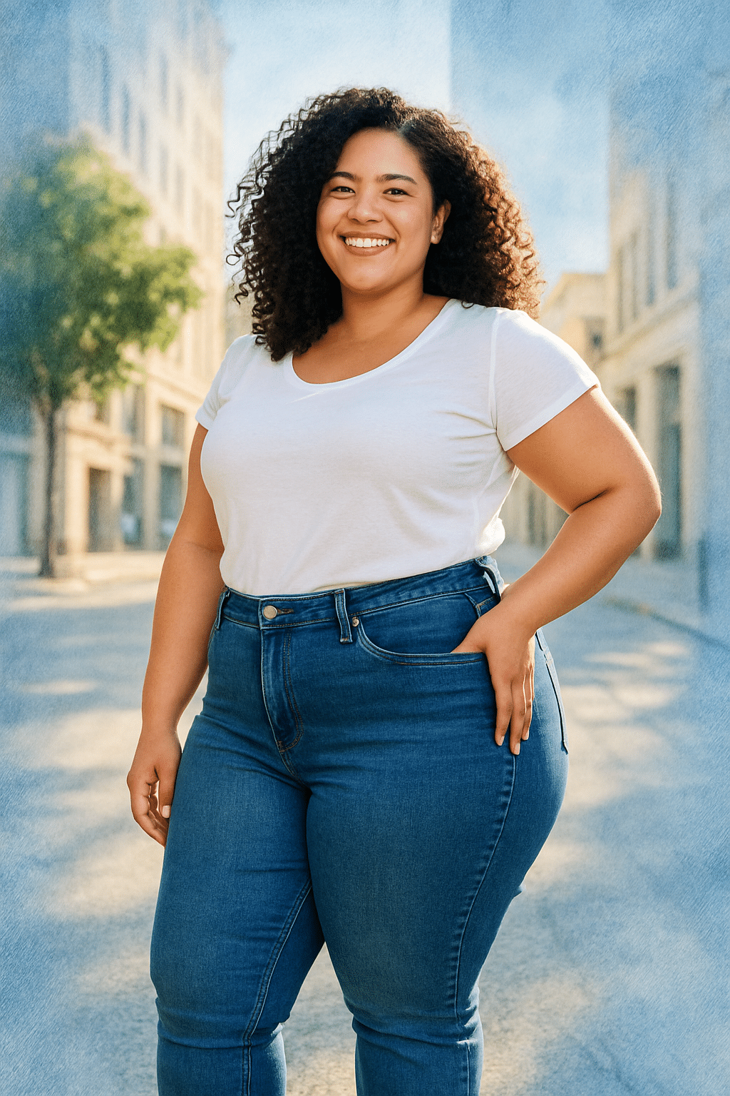 confident curvy woman wearing best jeans for curvy women in stylish urban setting