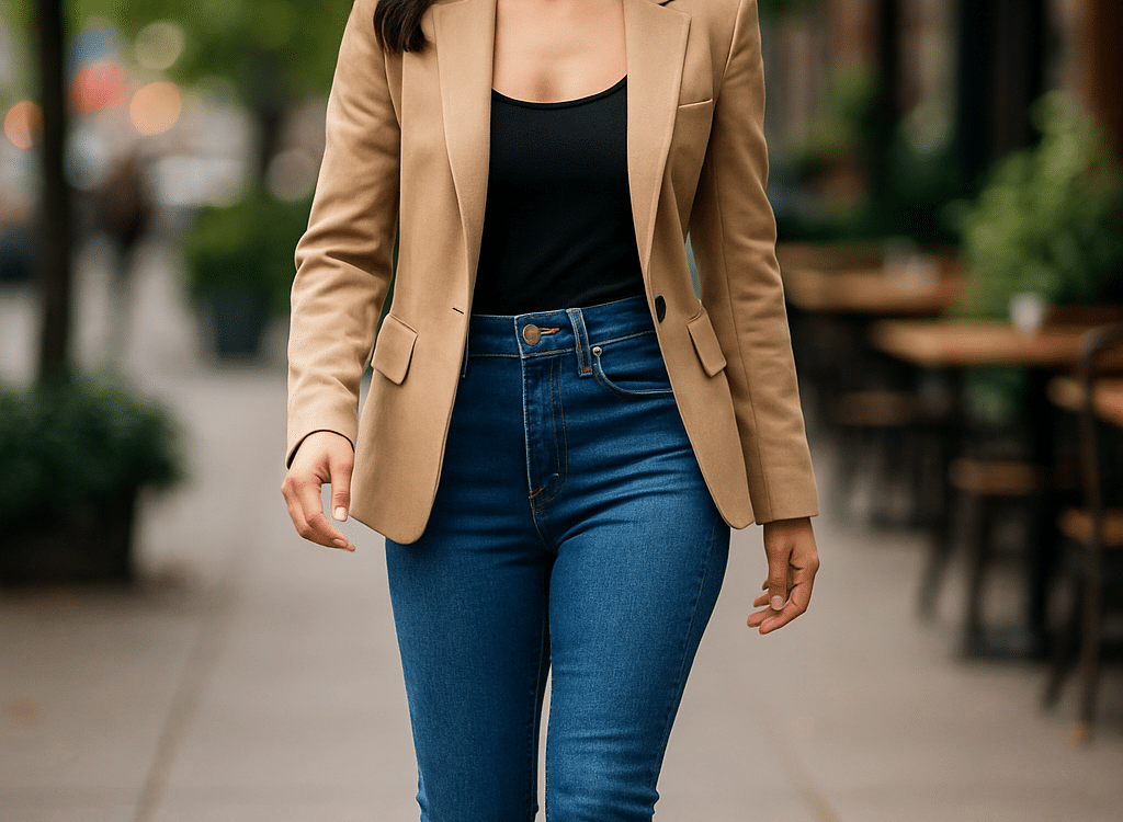 confident petite woman wearing best jeans for petite women walking stylishly outdoors