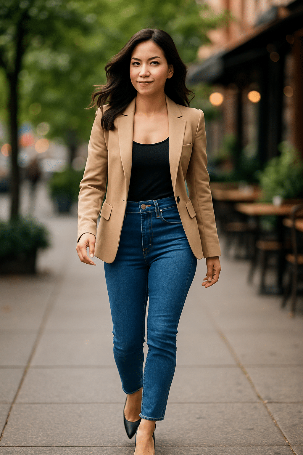 confident petite woman wearing best jeans for petite women walking stylishly outdoors