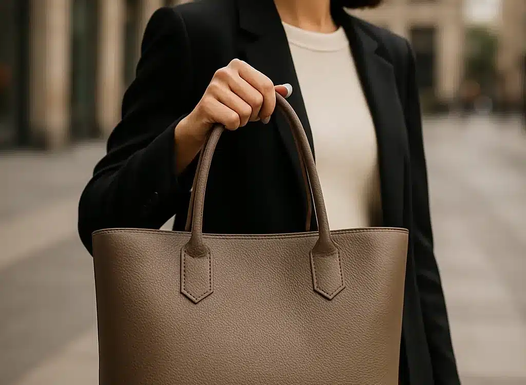 confident woman holding high quality stylish tote bag representing best tote bags for women