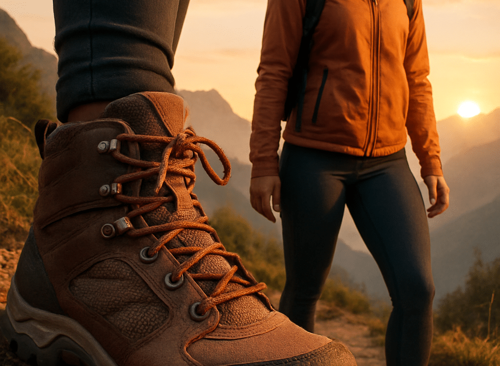 confident woman on mountain trail wearing best womens hiking boots at sunrise