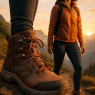 confident woman on mountain trail wearing best womens hiking boots at sunrise