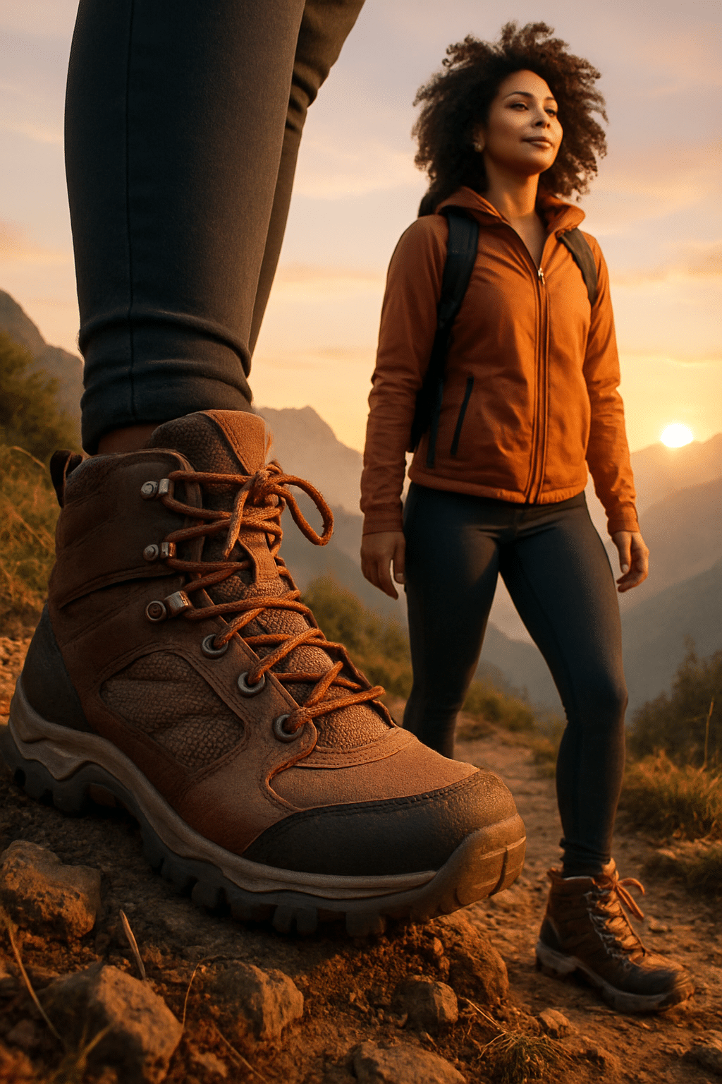 confident woman on mountain trail wearing best womens hiking boots at sunrise