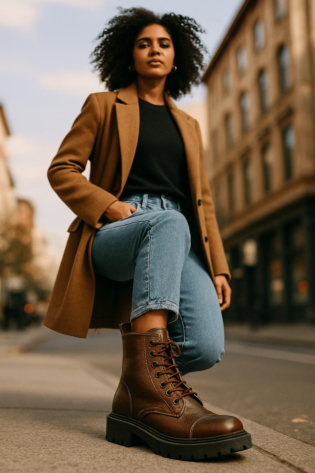 confident woman wearing best boots for women standing on city street outdoors