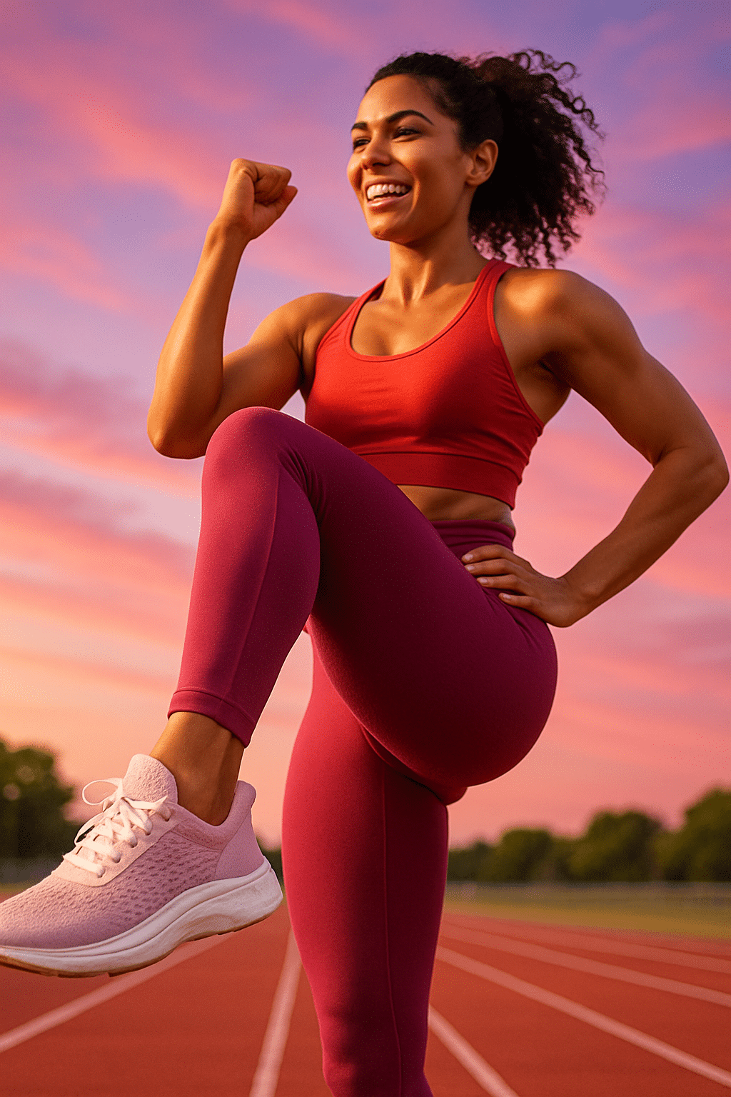 confident woman wearing best sneakers for working out for women running outdoors at sunset