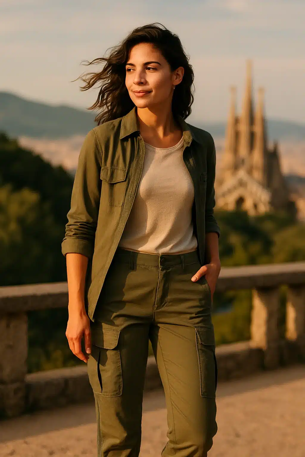 confident woman wearing best travel pants for women at travel scenic viewpoint