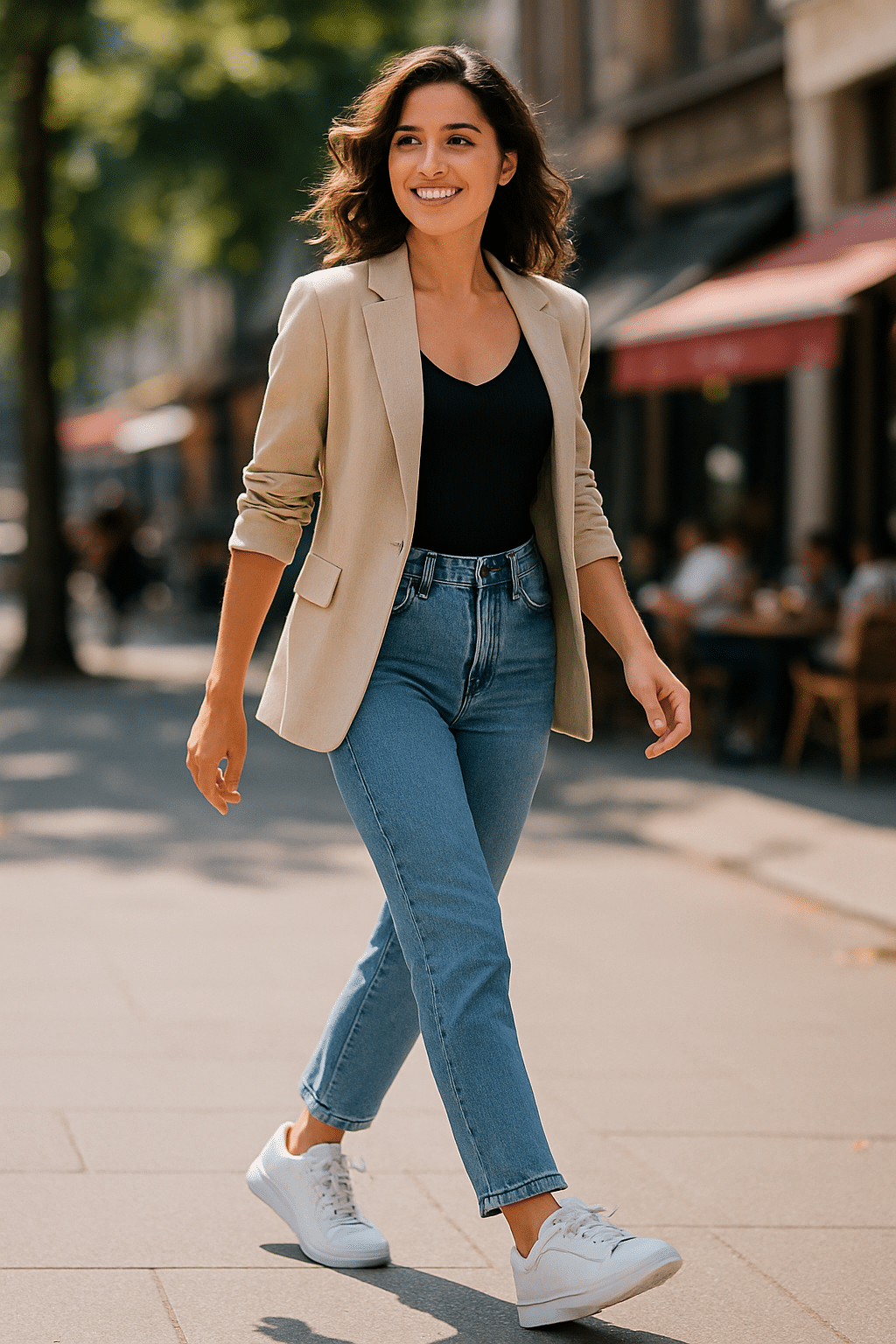 confident woman wearing best white sneakers for women walking stylishly in city streets