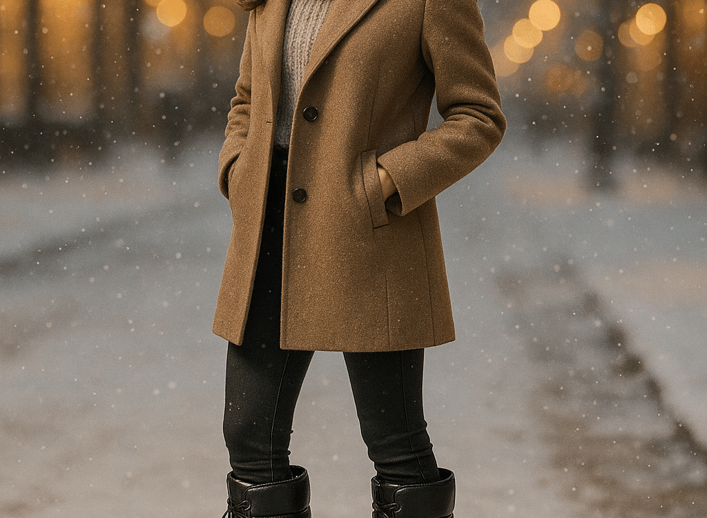 confident woman wearing best winter boots for women standing in snowy urban winter environment