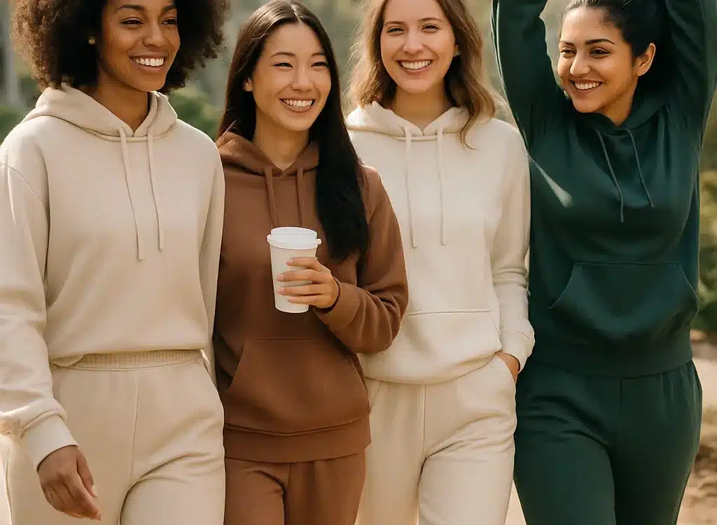 confident women wearing best sweatsuits for women enjoying stylish comfort outdoors