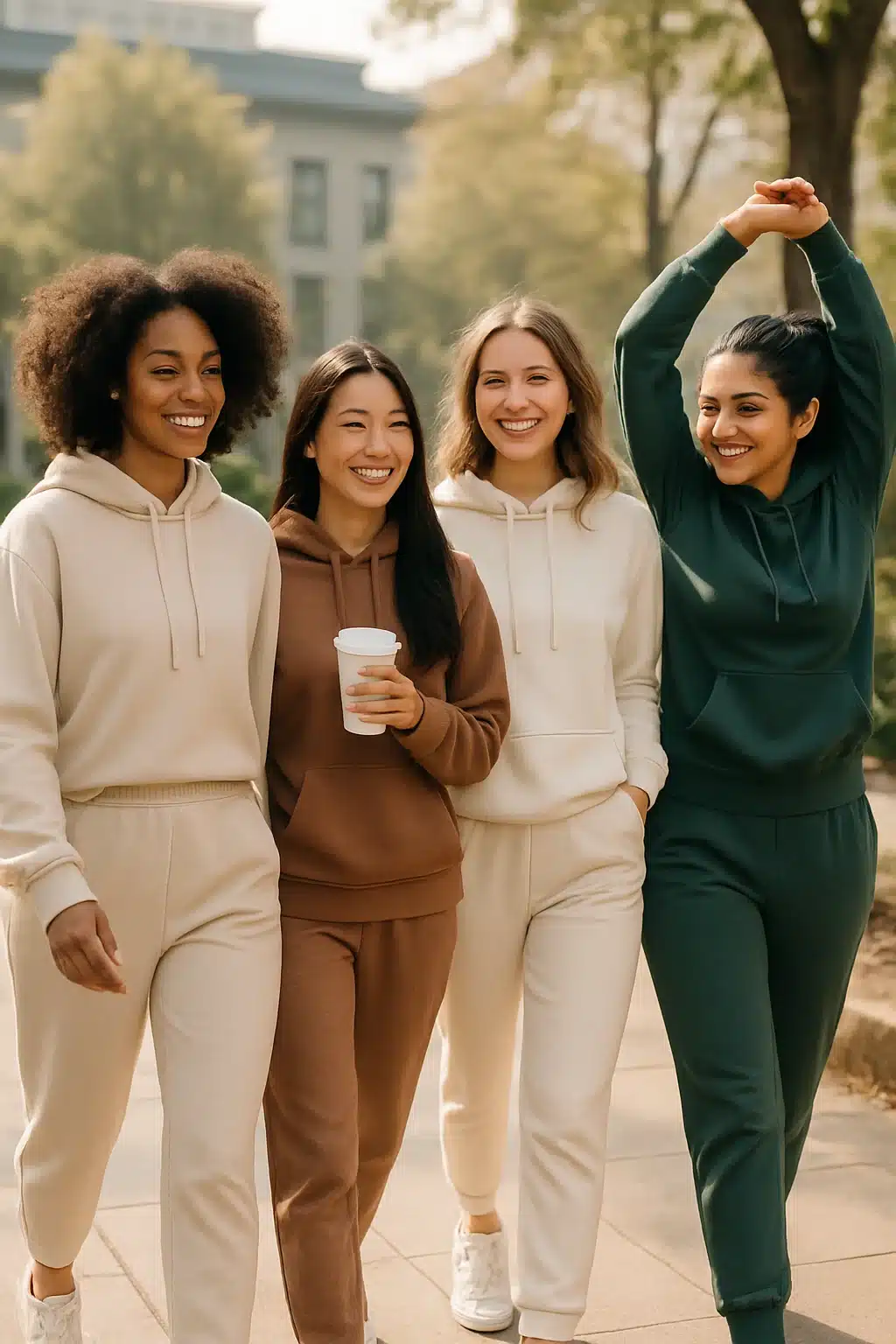 confident women wearing best sweatsuits for women enjoying stylish comfort outdoors