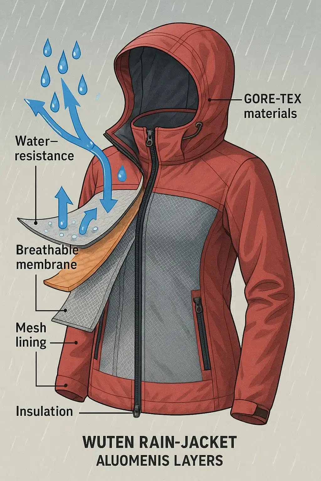 cross section of best rain jackets for women showing waterproof layers breathability and insulation