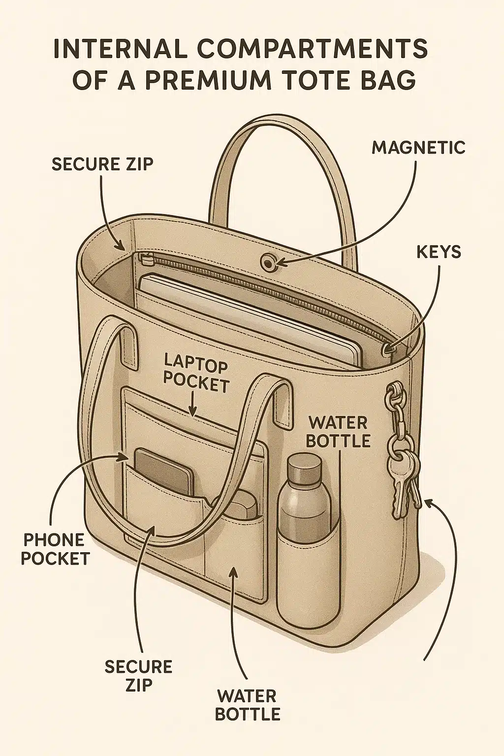 detailed diagram showing internal compartments and features of best tote bags for women