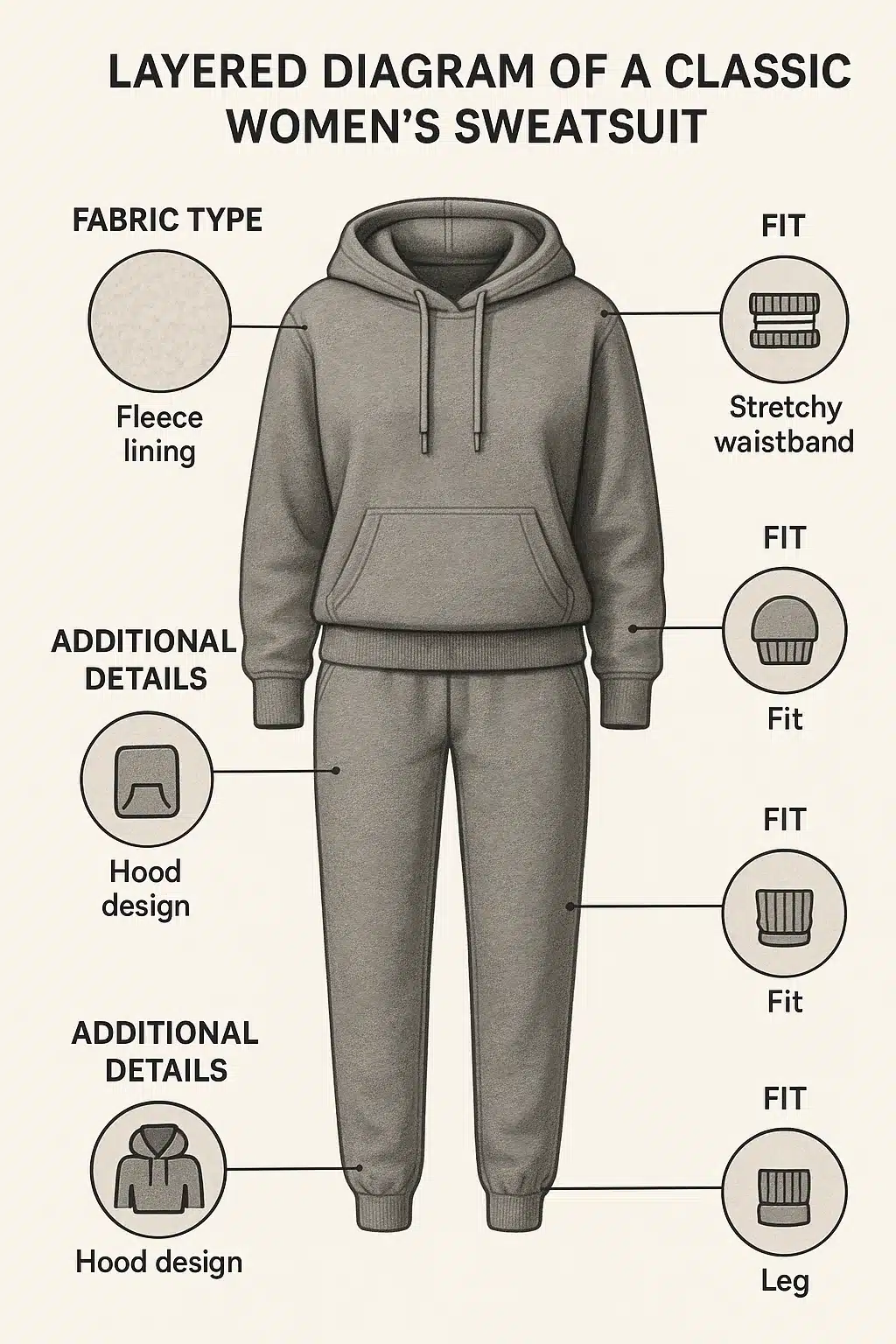 diagram of best sweatsuits for women showing fabric fit and style details