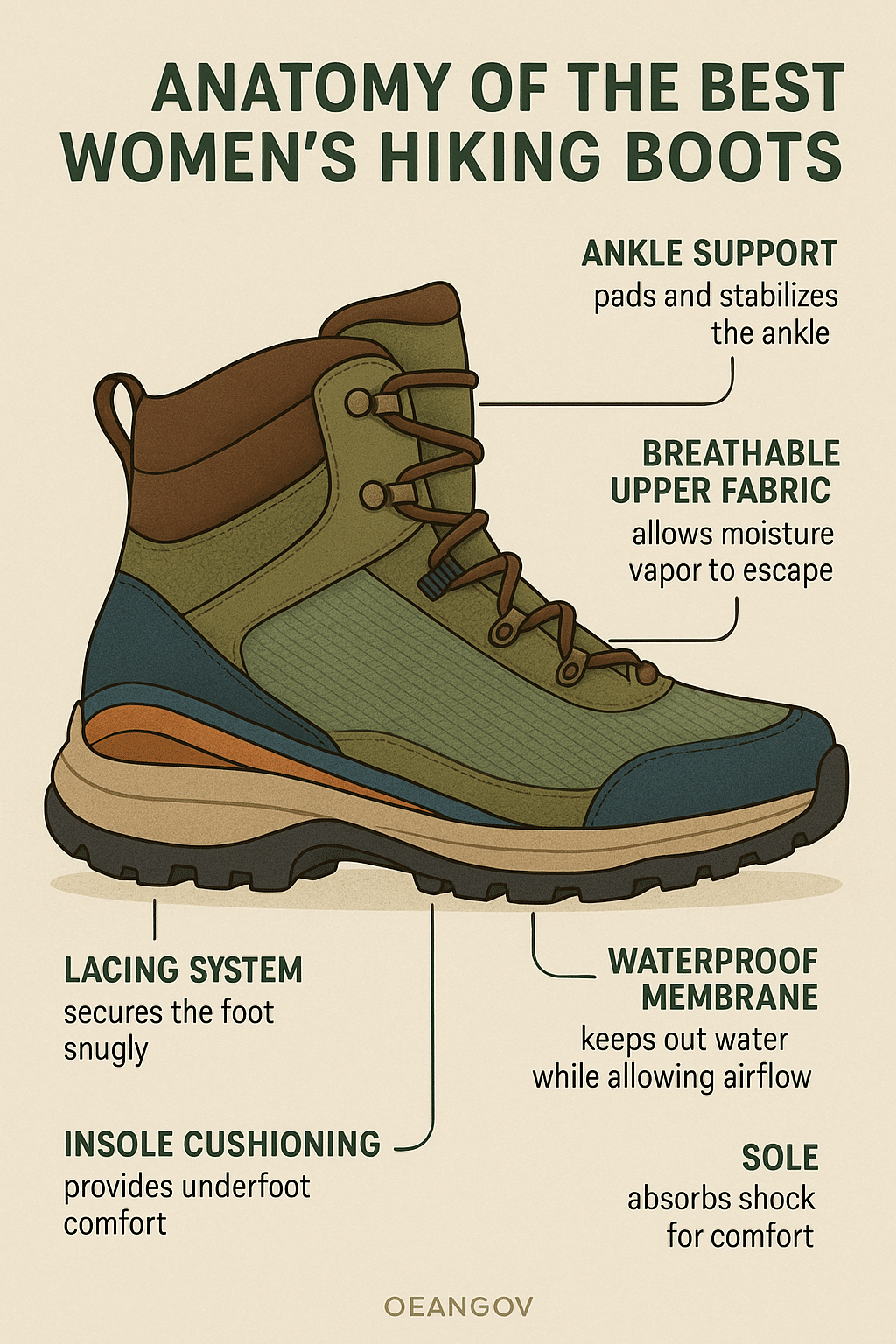 diagram showing anatomy of best womens hiking boots with labeled parts and functions