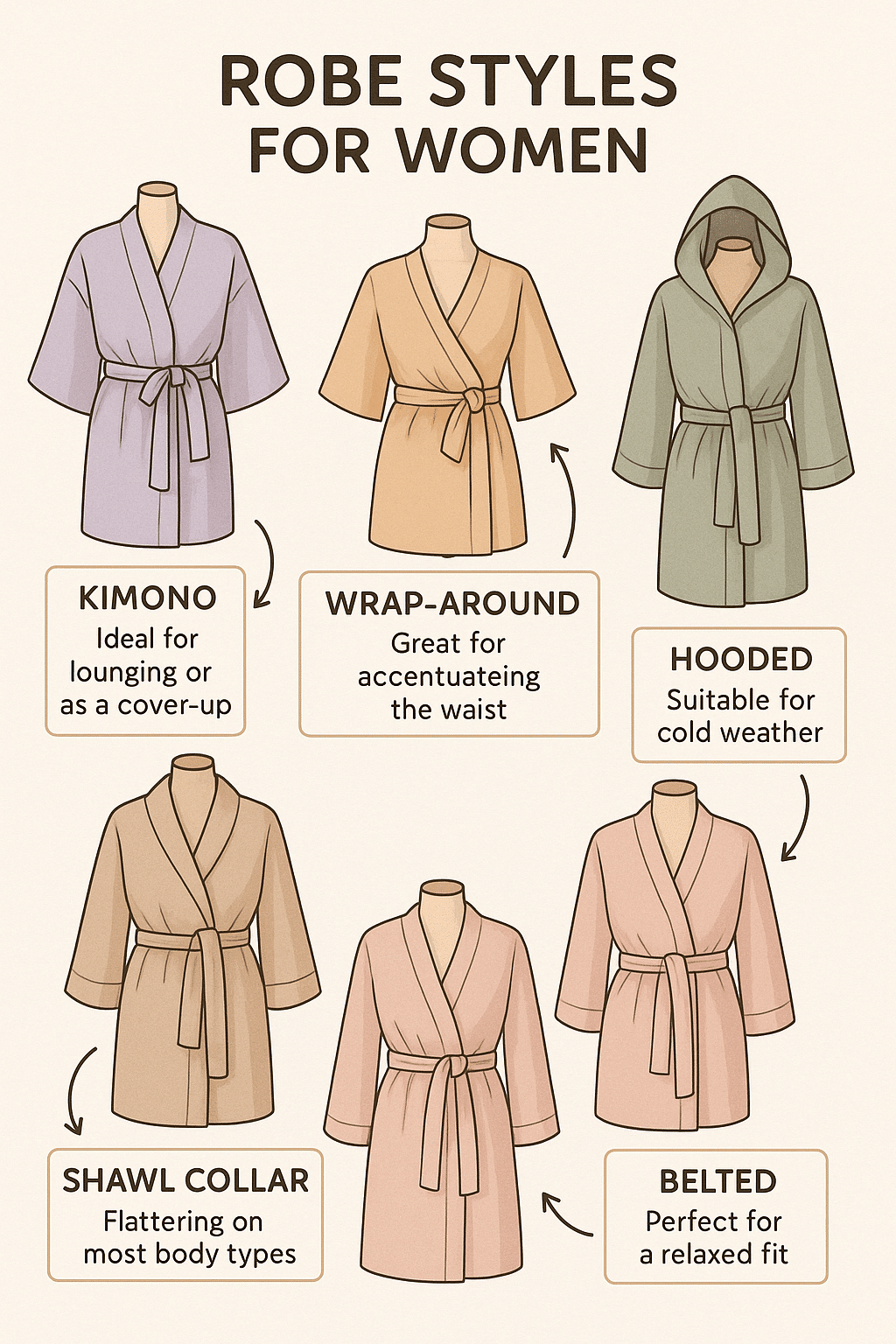 diagram showing best robes for women styles kimono wrap hooded shawl collar and belted