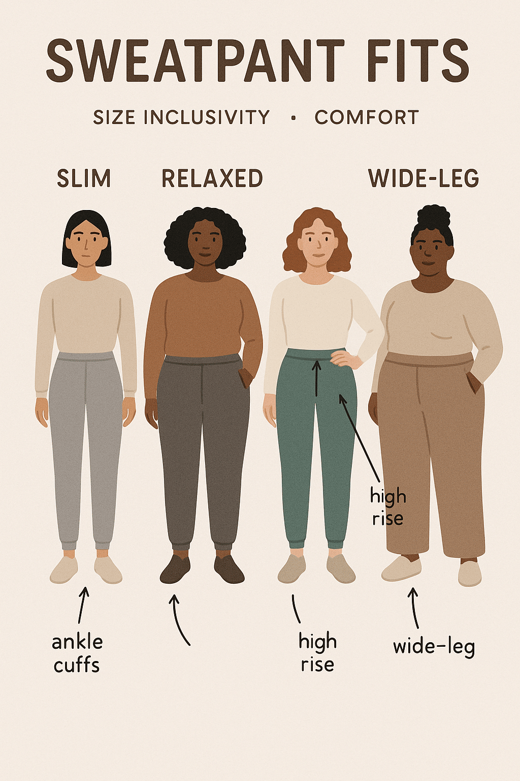 diagram showing best sweatpants for women fit types on diverse body shapes
