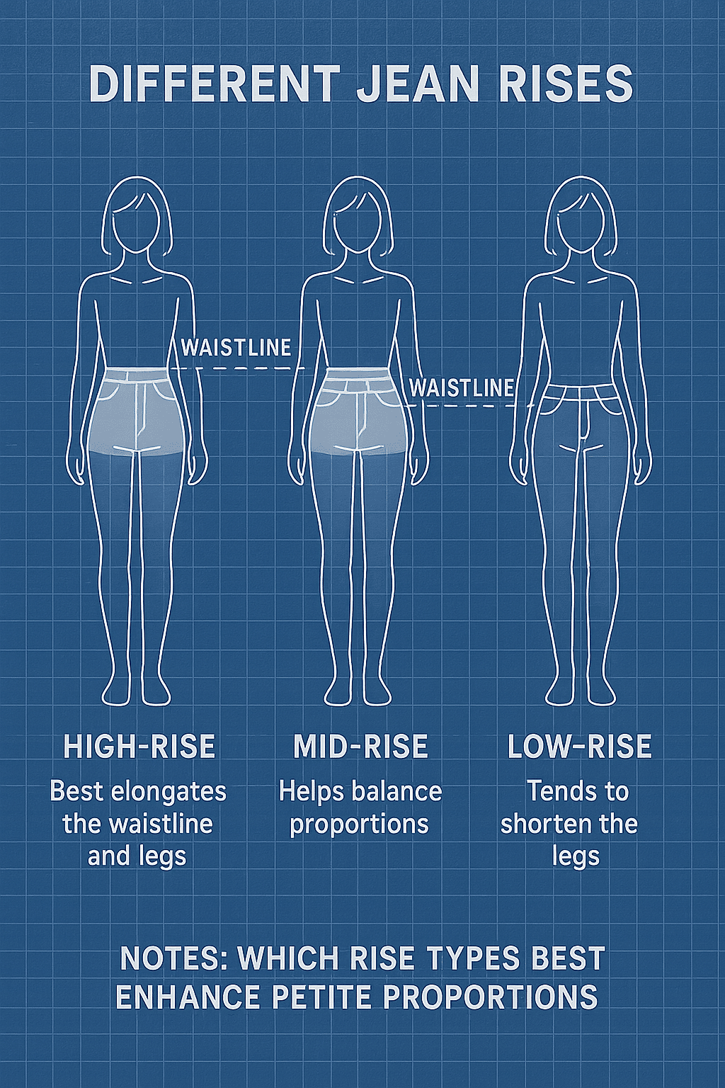 diagram showing jean rise differences and flattering effects on best jeans for petite women