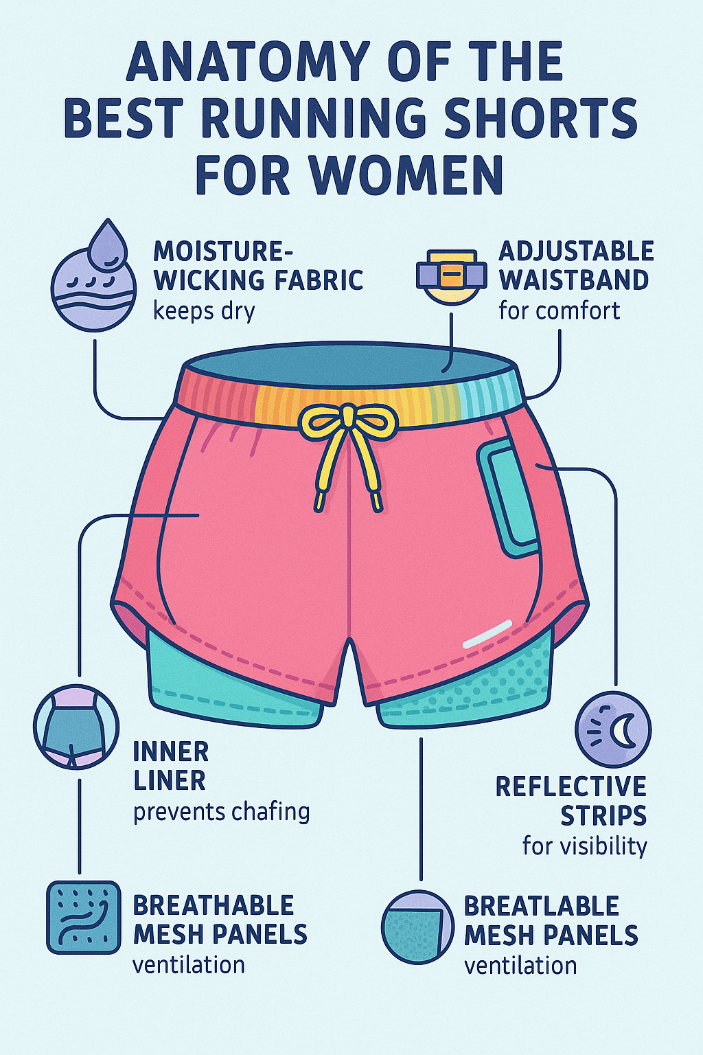 diagram showing key features of best running shorts for women with labels and benefits