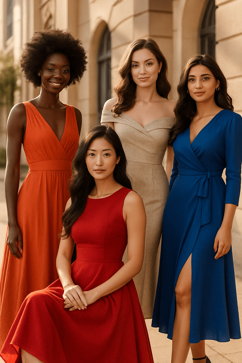 diverse empowered women wearing best dresses for women in stylish urban setting