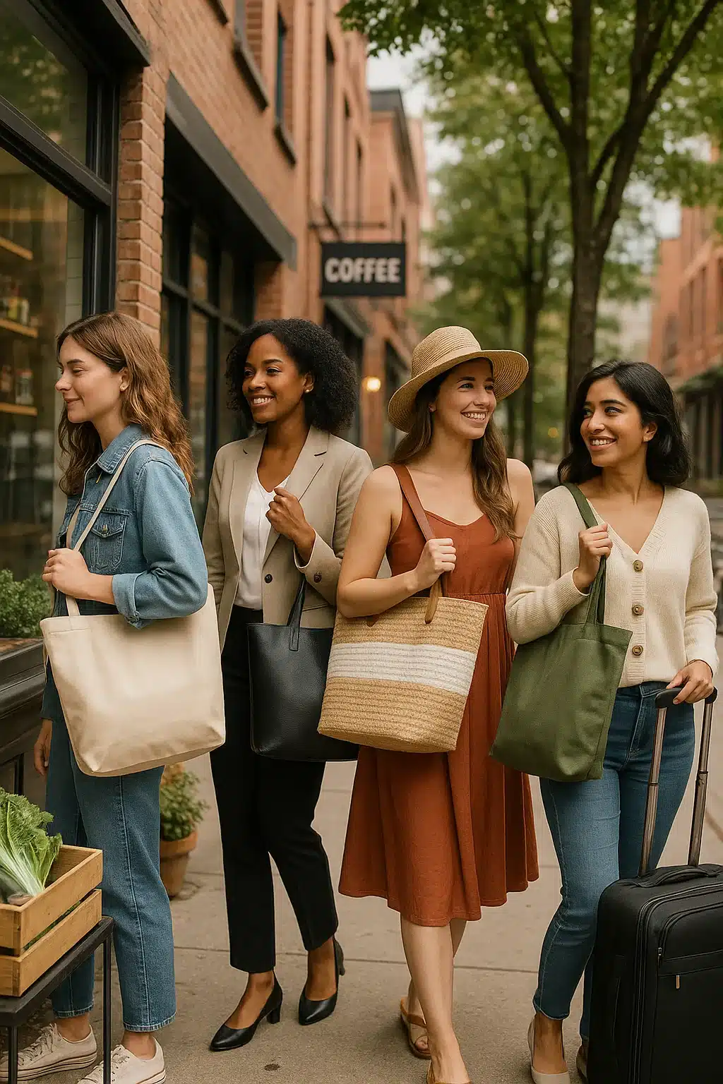 diverse women carrying best tote bags for women in casual professional beach and travel styles