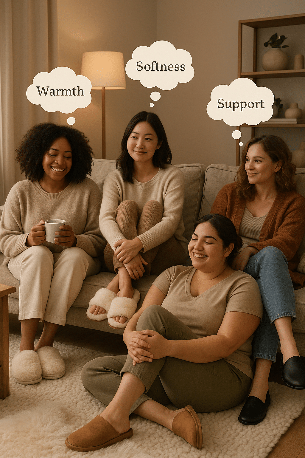 diverse women relaxing in cozy living room wearing best slippers for women showing warmth softness a