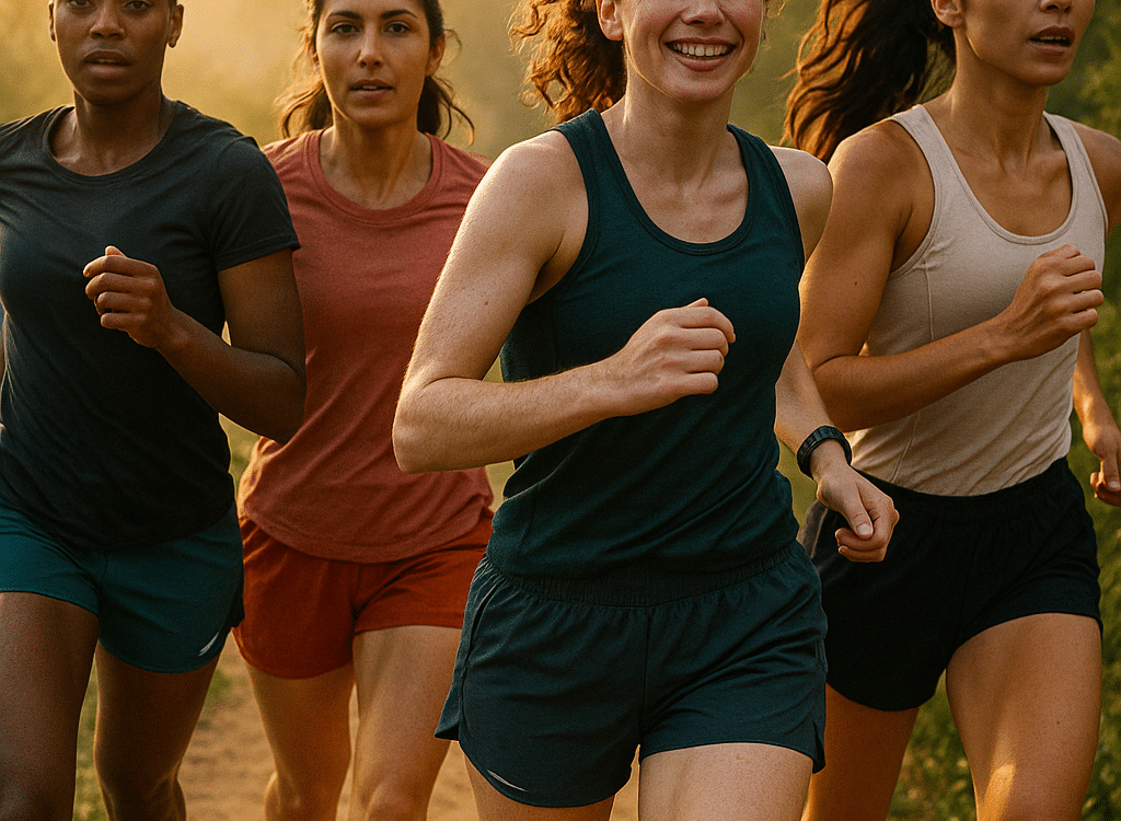 diverse women running wearing best running shorts for women on scenic morning trail