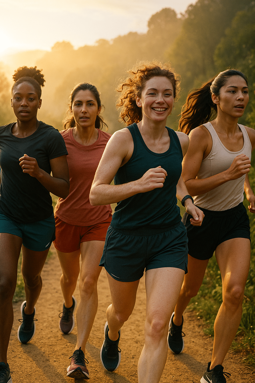 diverse women running wearing best running shorts for women on scenic morning trail