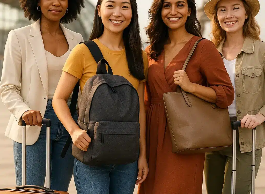 diverse women travelers with best travel bags for women at iconic landmark