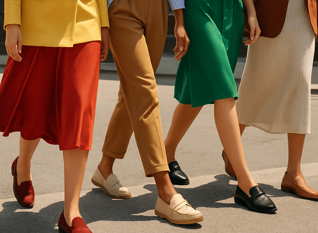 diverse women walking outdoors wearing stylish comfortable best loafers for women