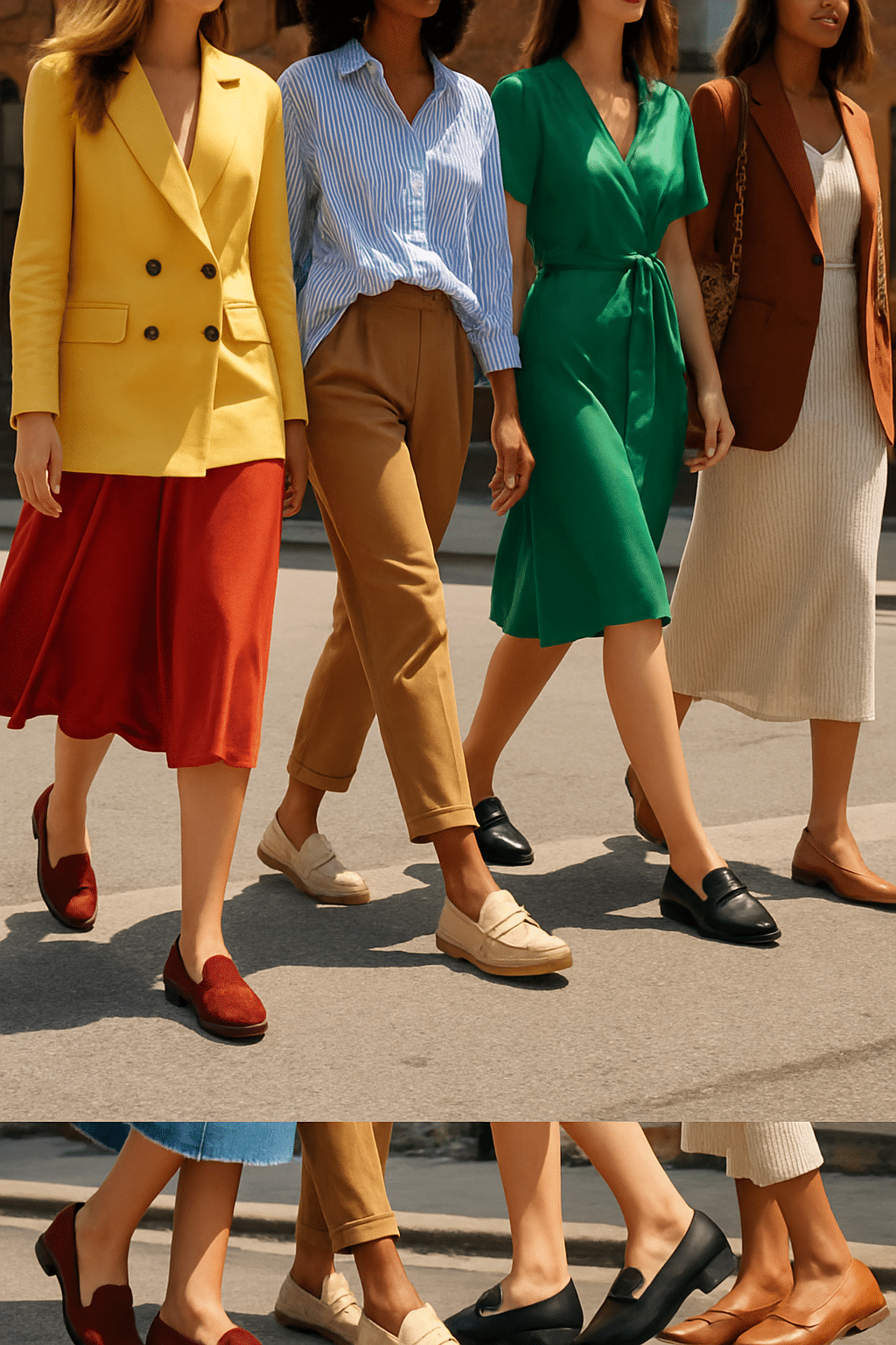 diverse women walking outdoors wearing stylish comfortable best loafers for women