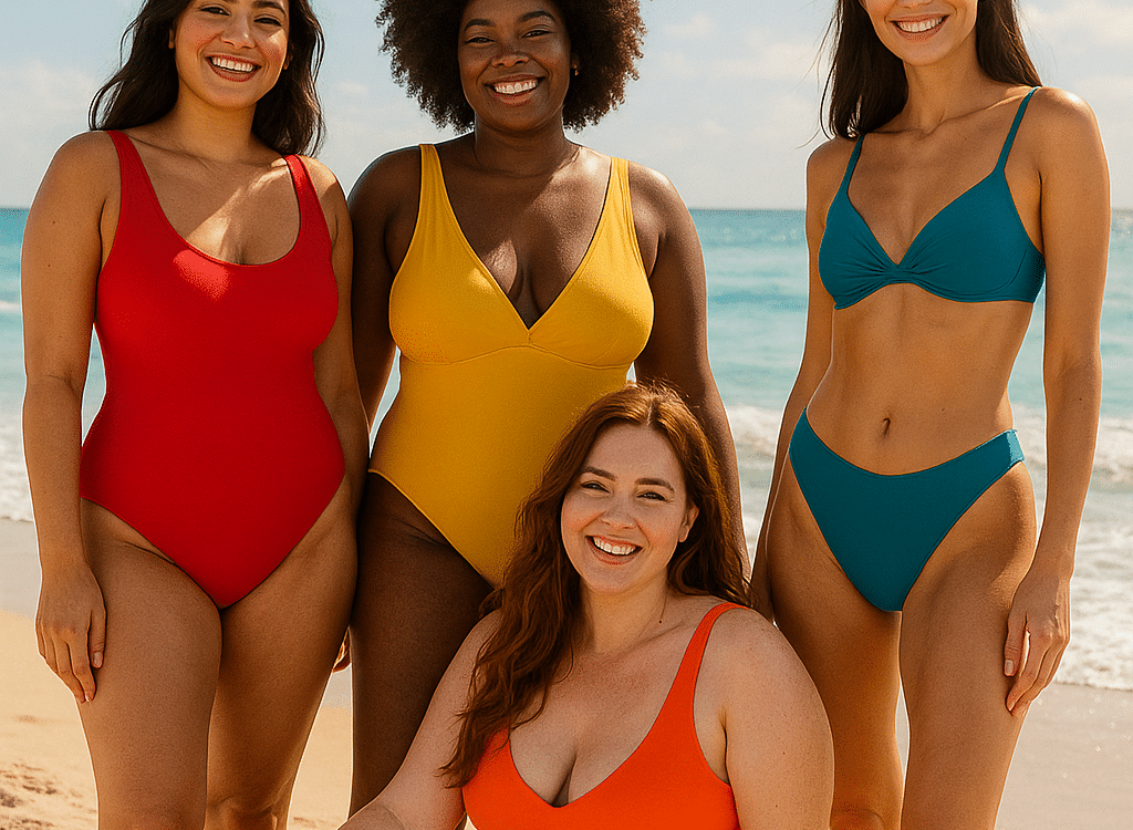 diverse women wearing best swimsuits for women confidently on sunny beach with waves and sand background