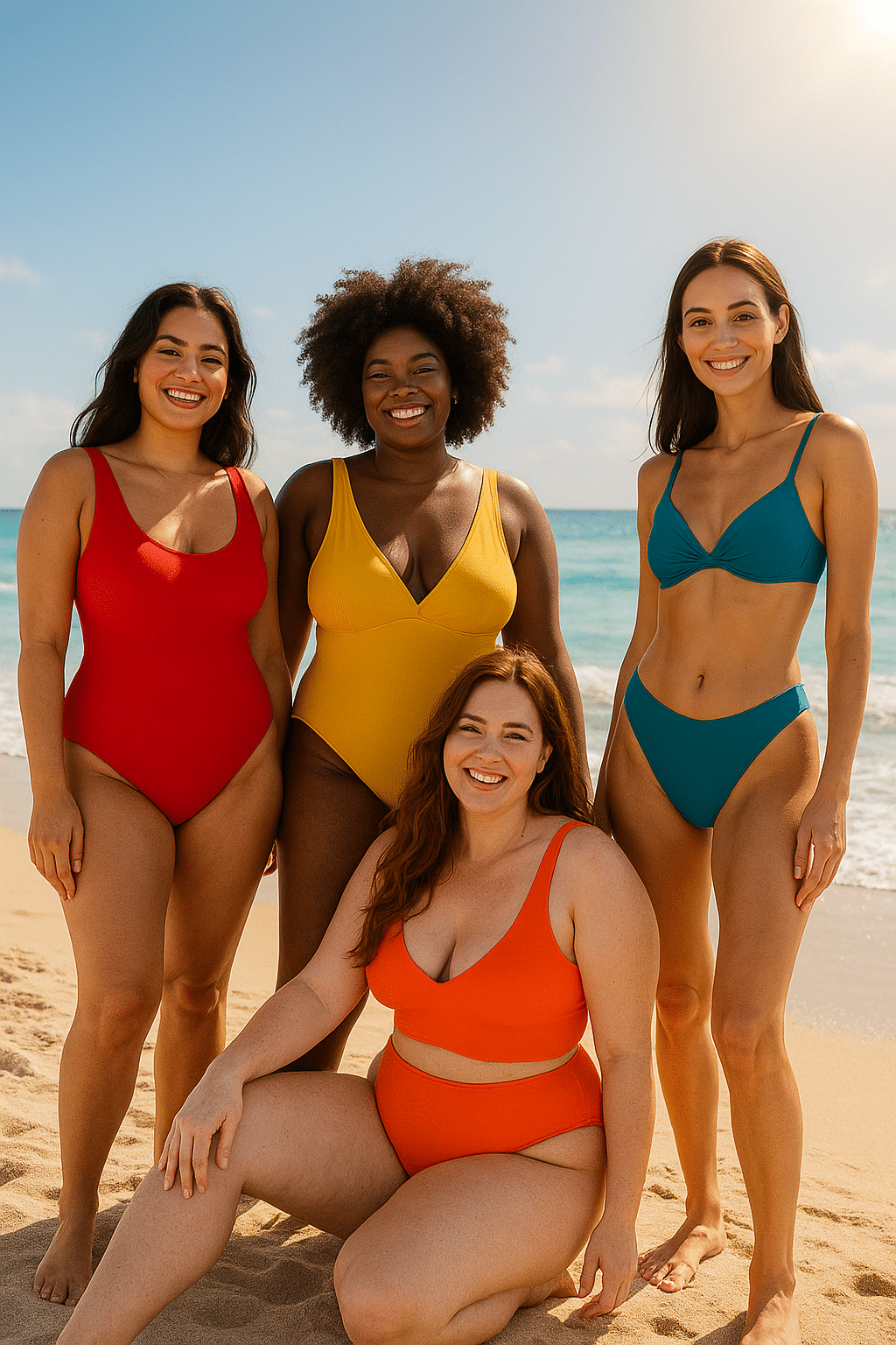 diverse women wearing best swimsuits for women confidently on sunny beach with waves and sand background