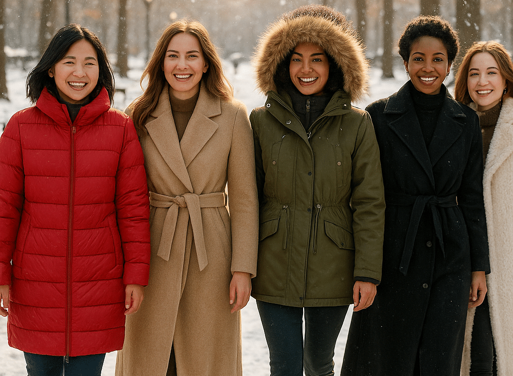 diverse women wearing best winter coats for women walking confidently in snowy park winter fashion