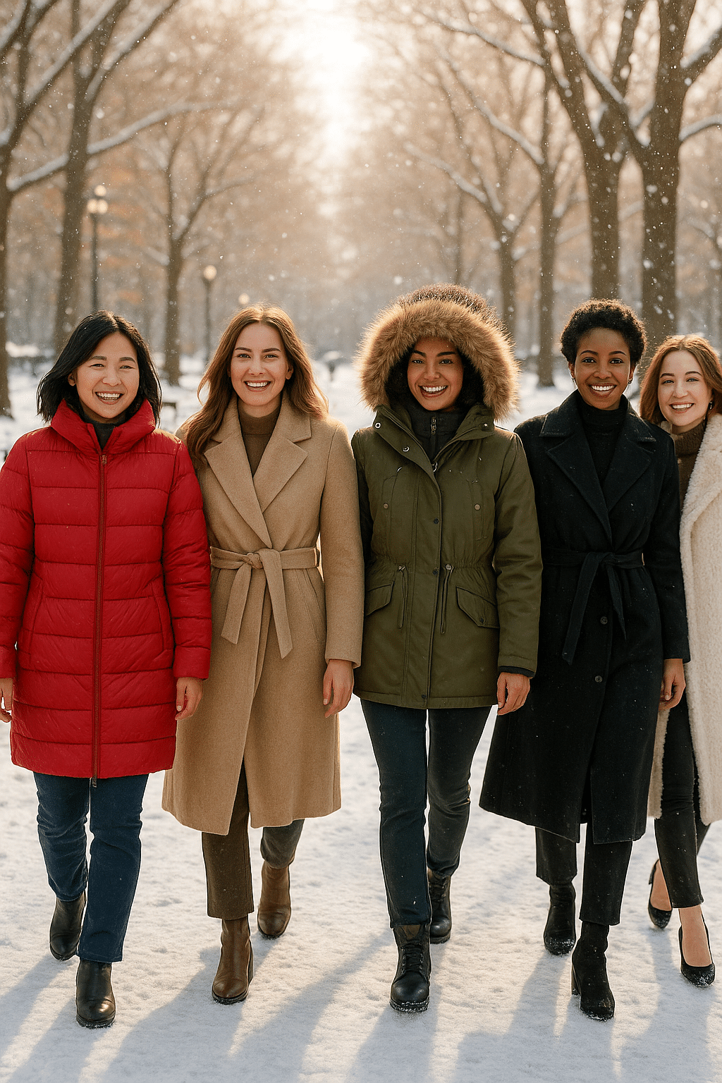 diverse women wearing best winter coats for women walking confidently in snowy park winter fashion