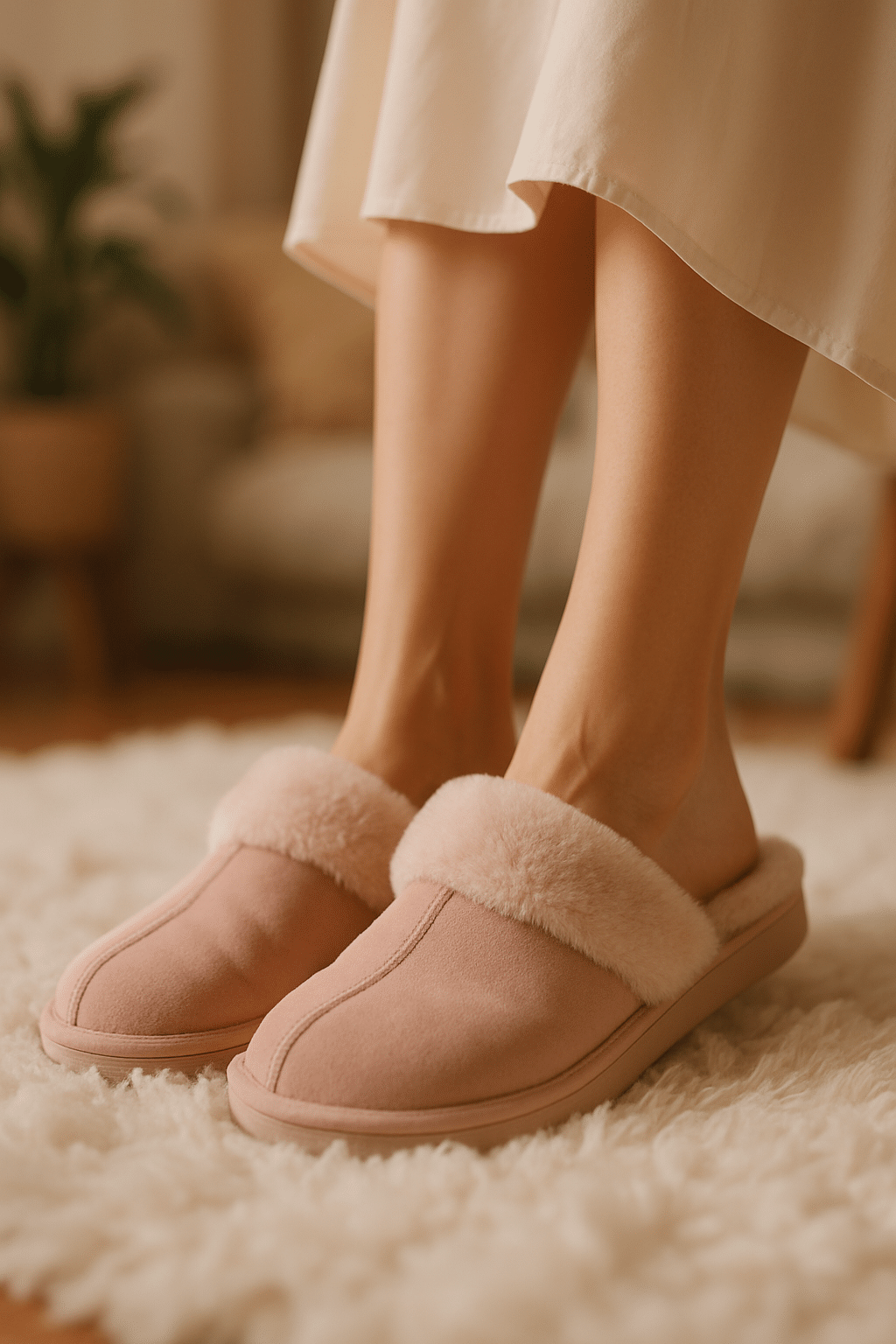elegant woman wearing soft blush pink best slippers for women on white fluffy rug in cozy room