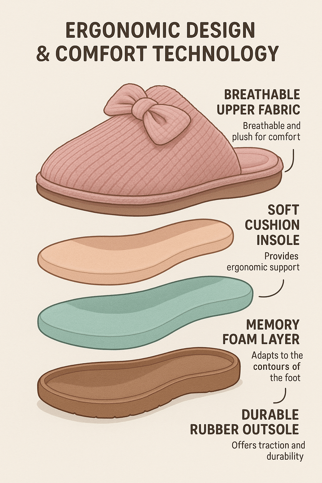 exploded view diagram showing layers of best slippers for women memory foam insole rubber outsole br