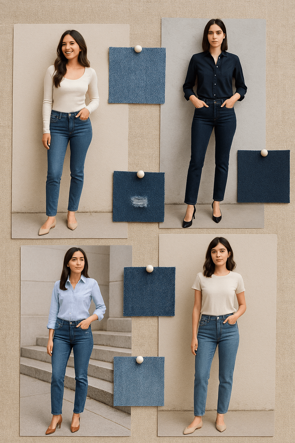 fabric and texture mood board for best jeans for petite women with style and fit ideas