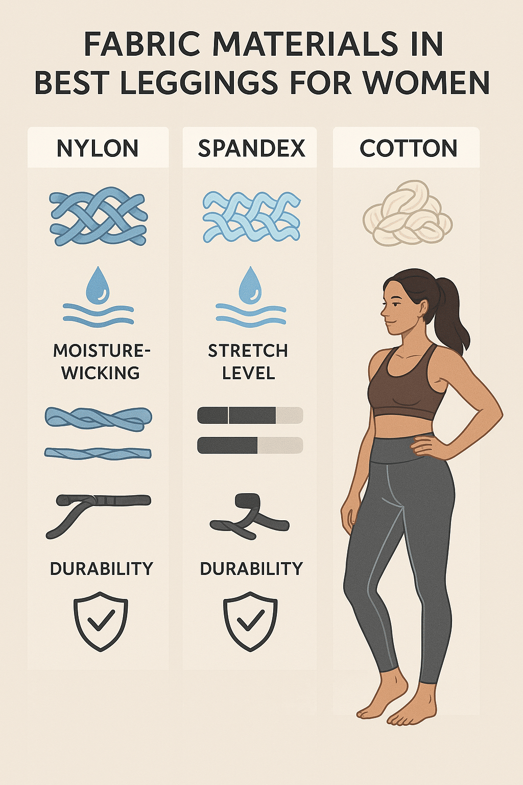 fabric comparison chart for best leggings for women showing nylon spandex cotton properties