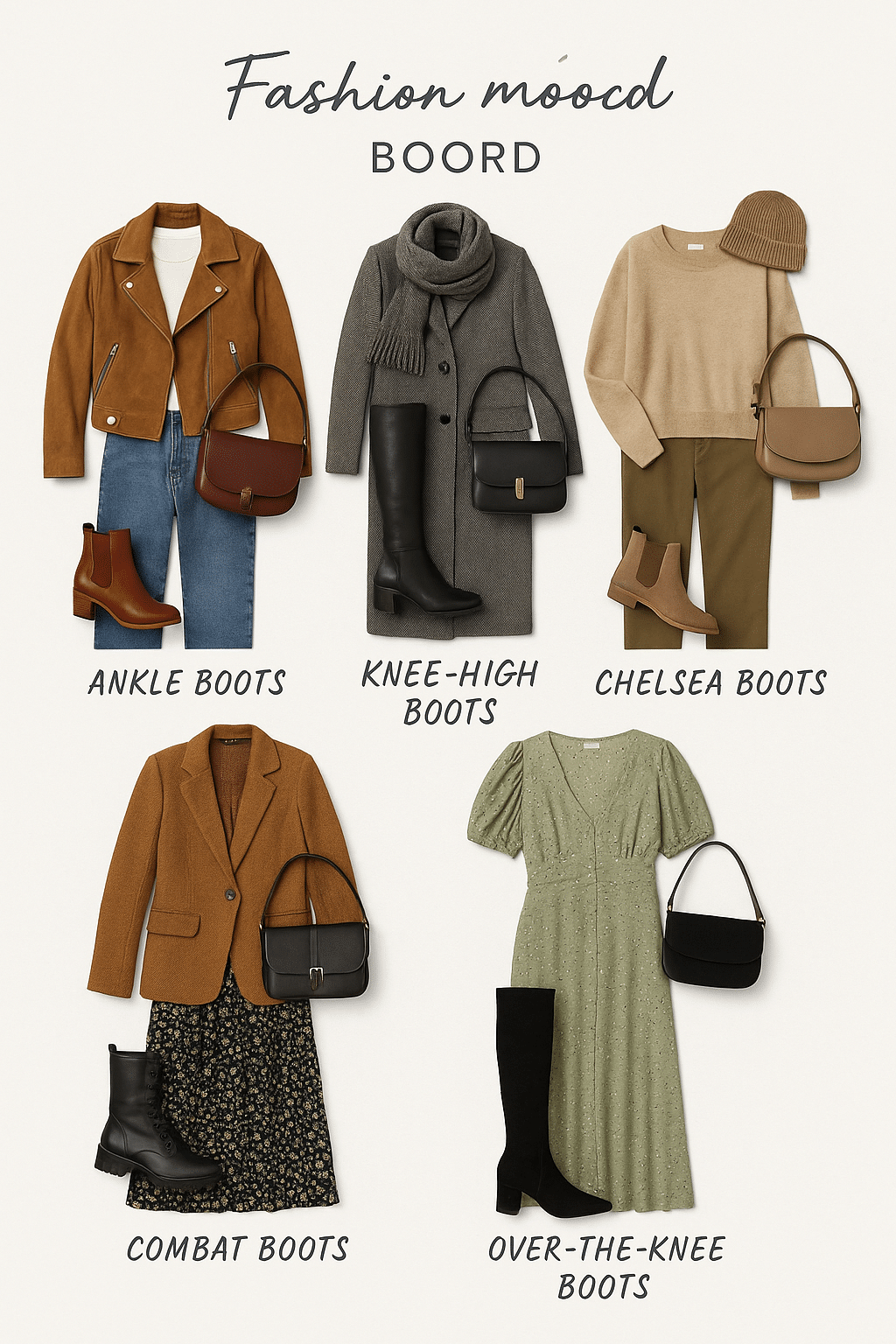 fashion mood board with styled outfits featuring best boots for women for every season