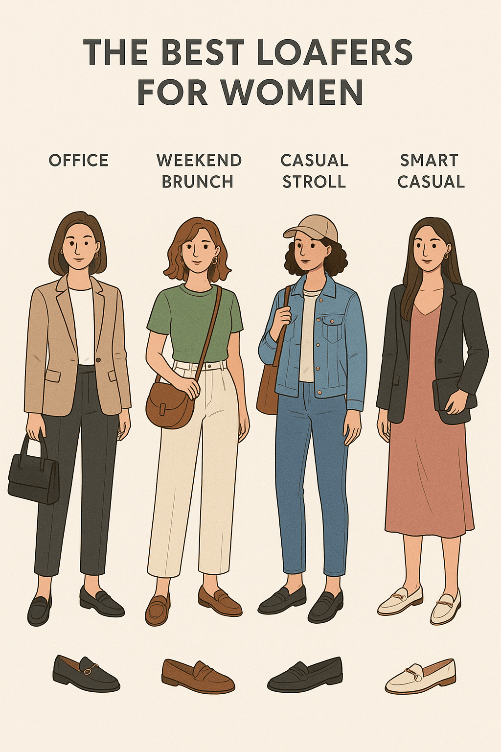 fashion styling guide with best loafers for women paired with casual and professional outfits