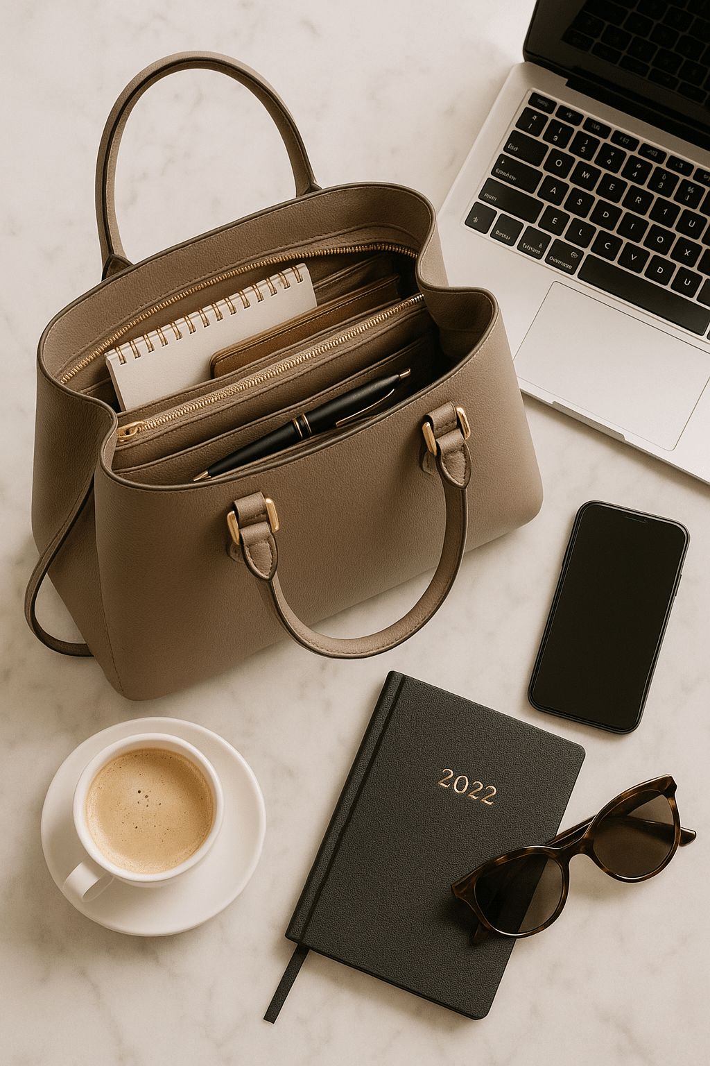 featured image of best work bags for women flat lay with laptop planner and accessories on marble table