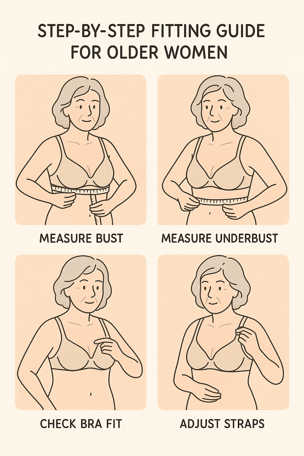 fitting guide illustration for best bras for older women showing measuring and adjusting tips