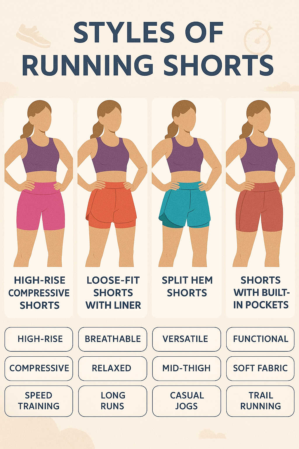 five types of best running shorts for women illustrated with features and uses