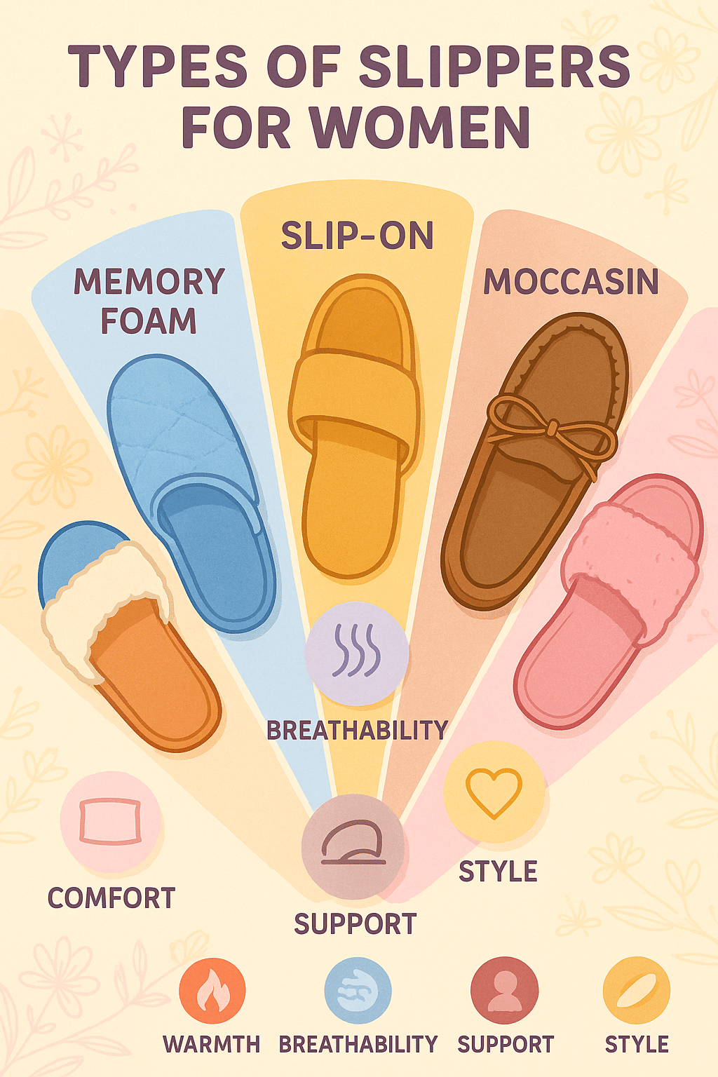 five types of best slippers for women with icons showing comfort warmth breathability support and st