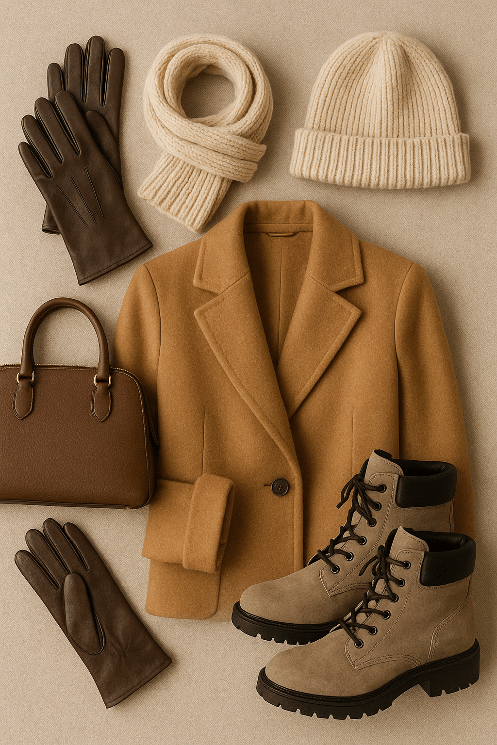 flat lay of accessories styled with best winter coats for women including scarf gloves and boots