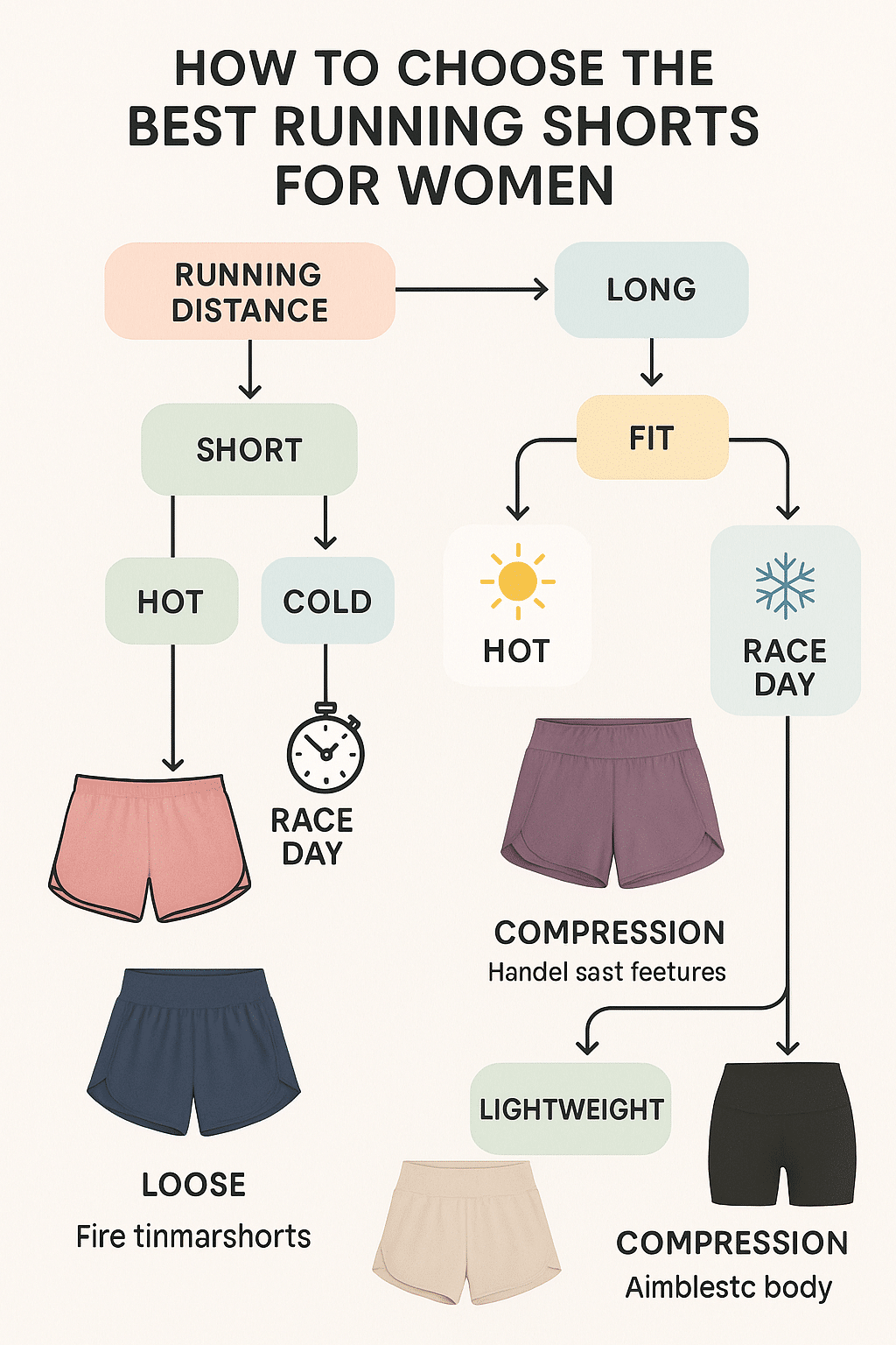 flowchart helping women choose best running shorts based on running style and weather