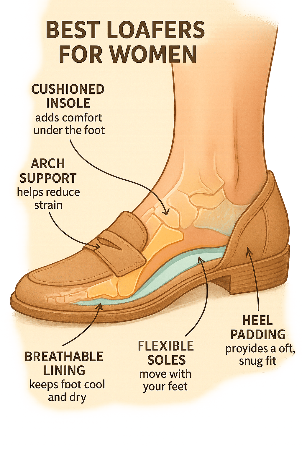 foot anatomy showing comfort features of best loafers for women with labeled support areas